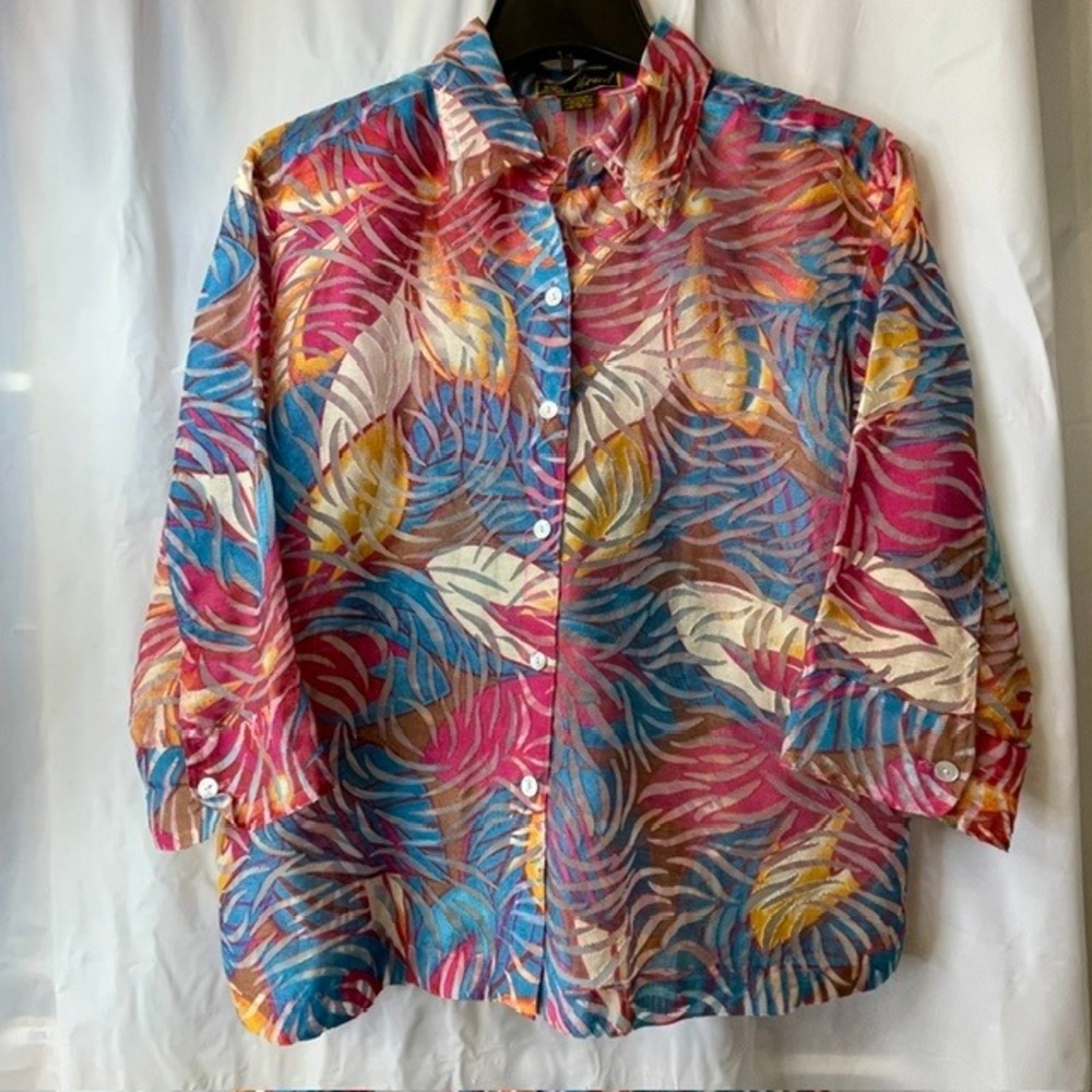 Vintage Mirasol Tropical Palm Leaf Burnout Semi Sheer Blouse Resort Sz L